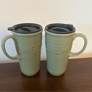 TWO Longaberger Pottery Travel Mugs Green Portable Coffee Tea